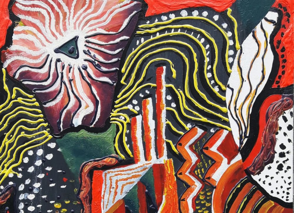 a colourful abstract painting, consisting of multicoloured shapes and lines