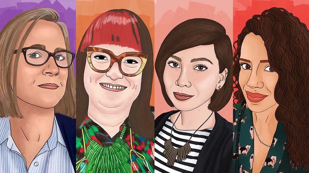 Colourful illustrations of 4 people laid out in a row