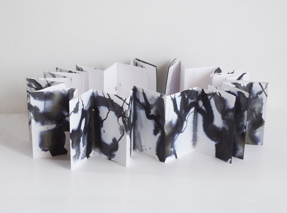 Concertina of paper with ink drawings on