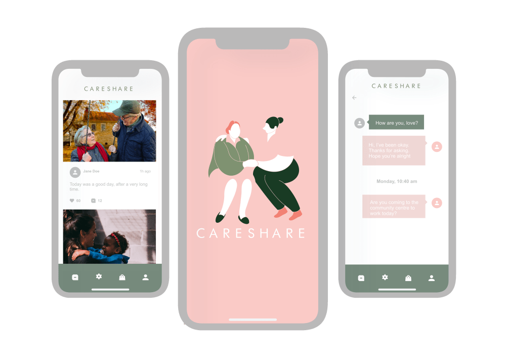 Three phone screens demonstating an app