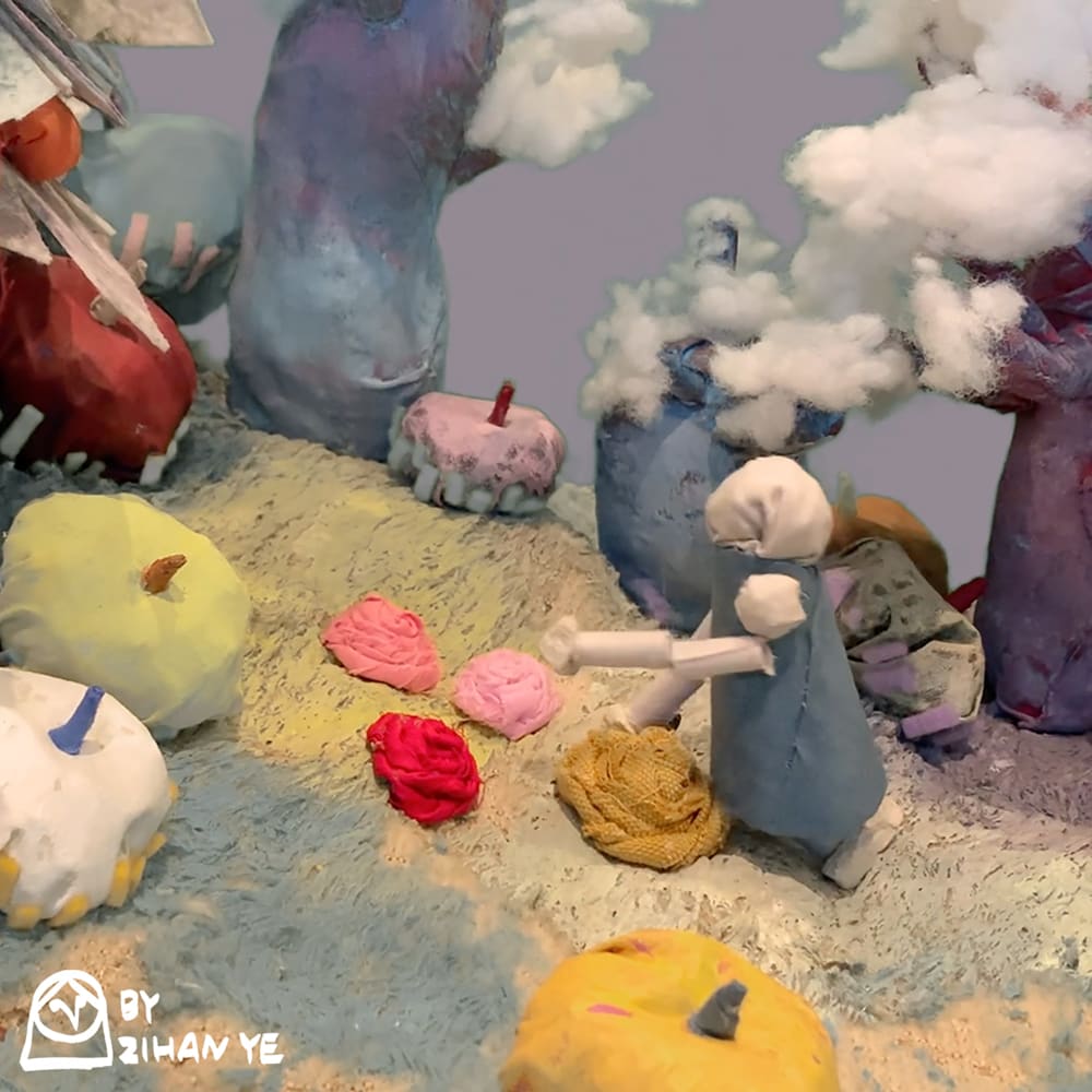 3D illustration of character figure (grandma) walking through dreamy colourful garden