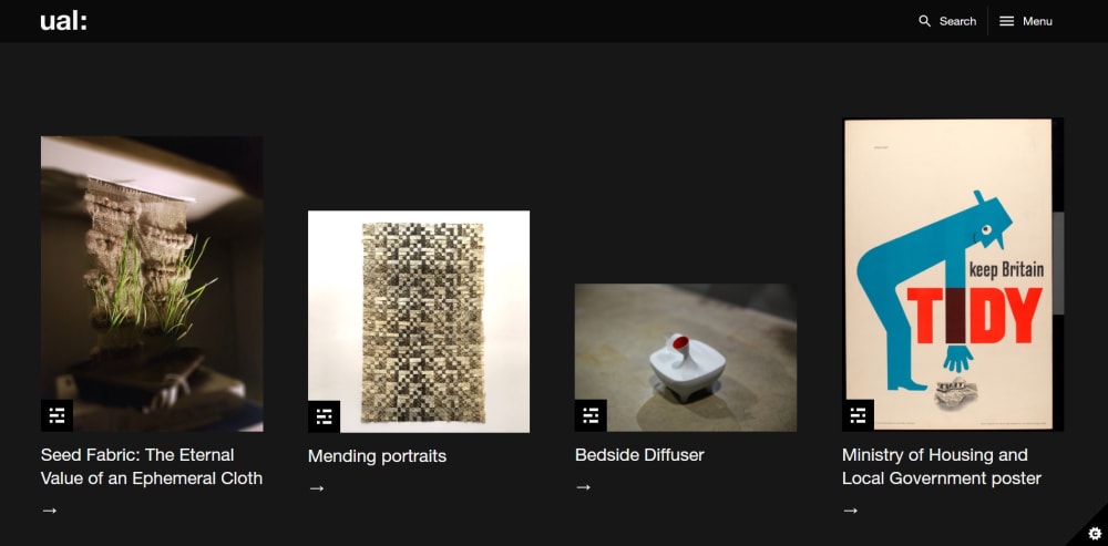 Screenshot of website with images of archive items