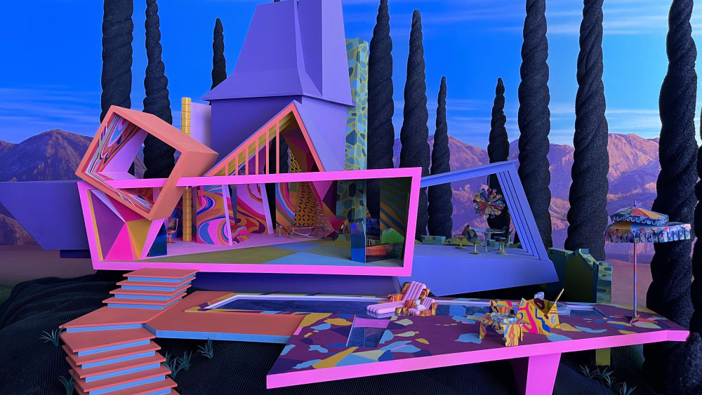 Render of a colourful and geometric house of various shapes and colours. In the background is a dark blue skyline with tall spiral trees.