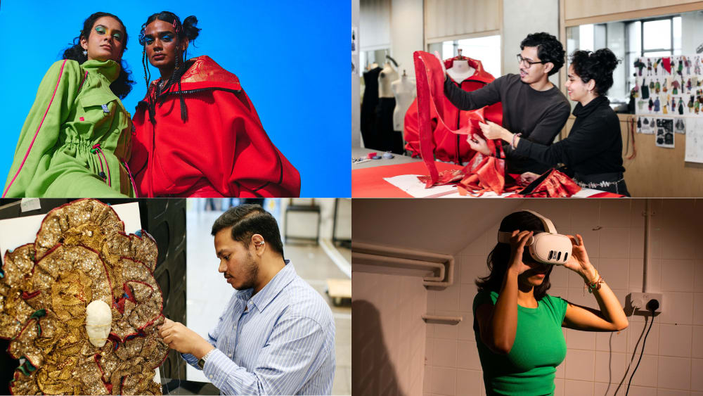 four images of students from India at UAL. One is posing to the camera wearing a fashionable orange jacket. One is crafting the orange jacket in a fashion studio. One is fixing the design of his textiled artwork piece on campus. One is trying on a virtual reality headset in a studio.