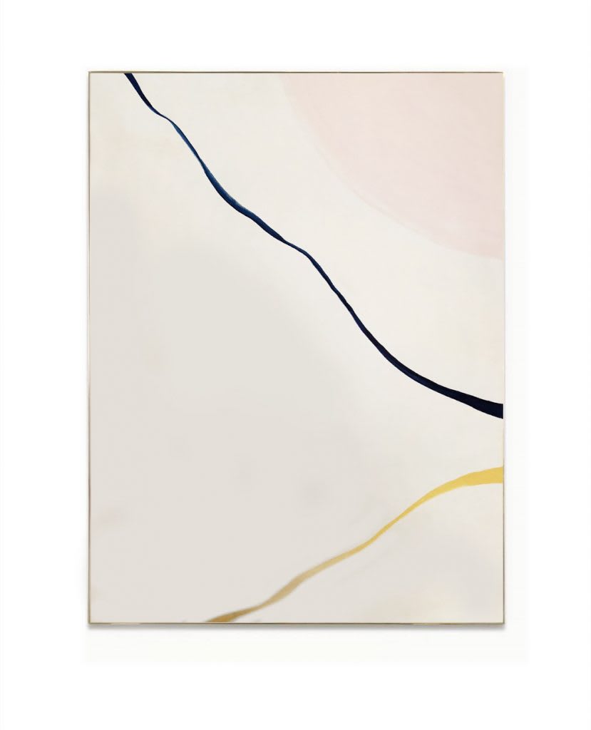 A large abstract painting with a black and yellow line going through it..