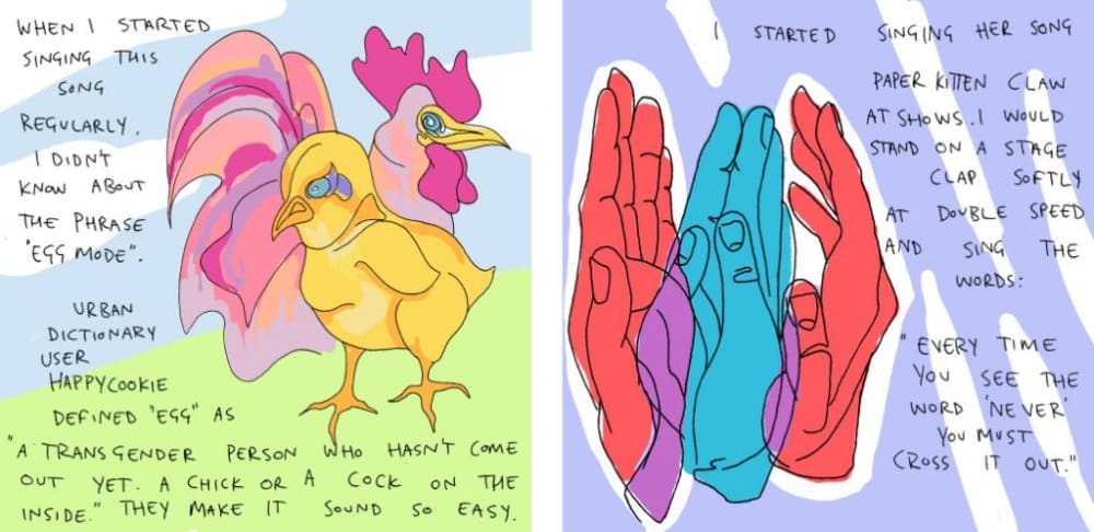 two illustrations, one displaying two birds, the other 3 hands