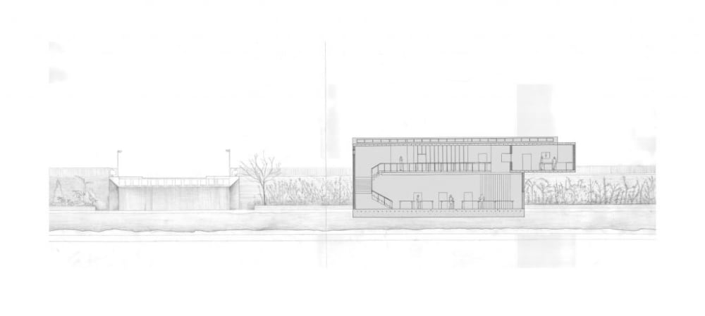 an architectural drawing of a building and its surroundings