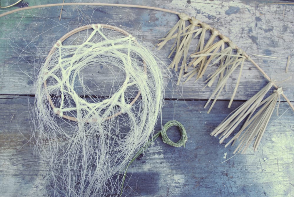 Samples testing macrame and basket making techniques with agave, fresh grass and seagrass