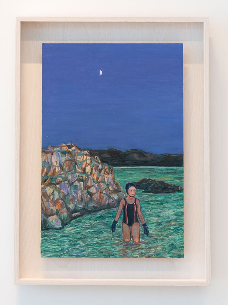 Oil painting of a person getting out of the sea at night. They've got a swim cap, swimsuit and gloves on. There's a small crescent moon in the sky
