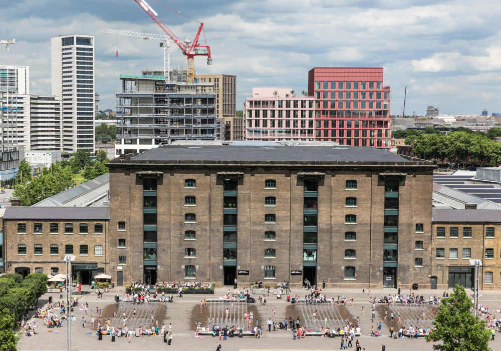 Aerial image of Central Saint Martins building in King's Cross, UAL