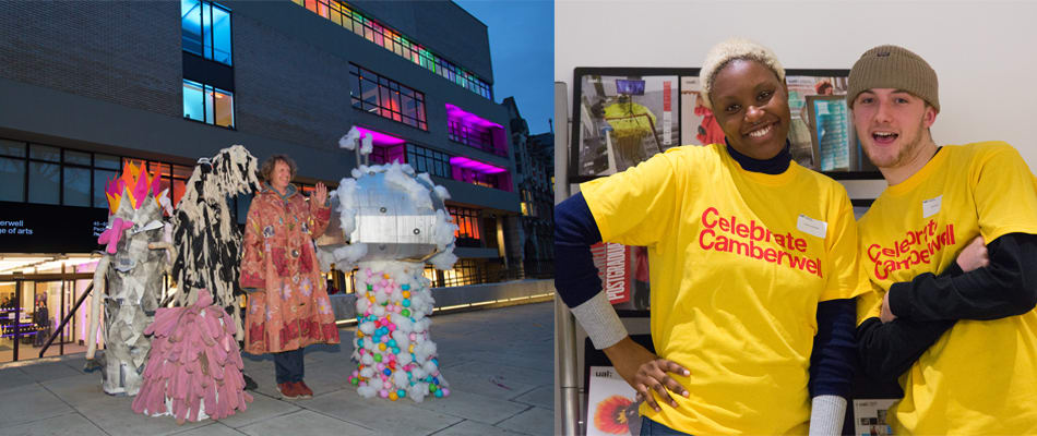 Left: UAL Chancellor Grayson Perry with students Right: 2 student ambassadors