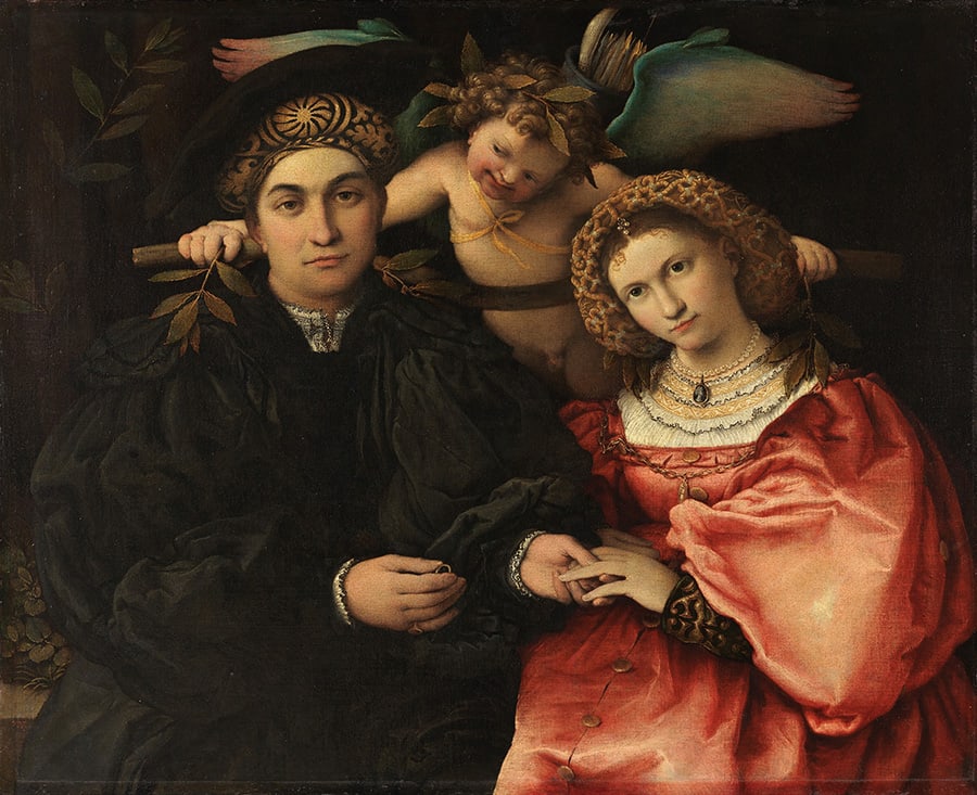 An oil painting of a man, a woman and a cherub.