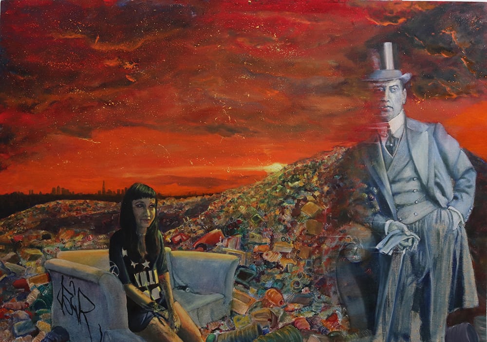 A painting of a girl sitting in an armchair and a man in a top hat and tails standing in fron of a rubbish tip