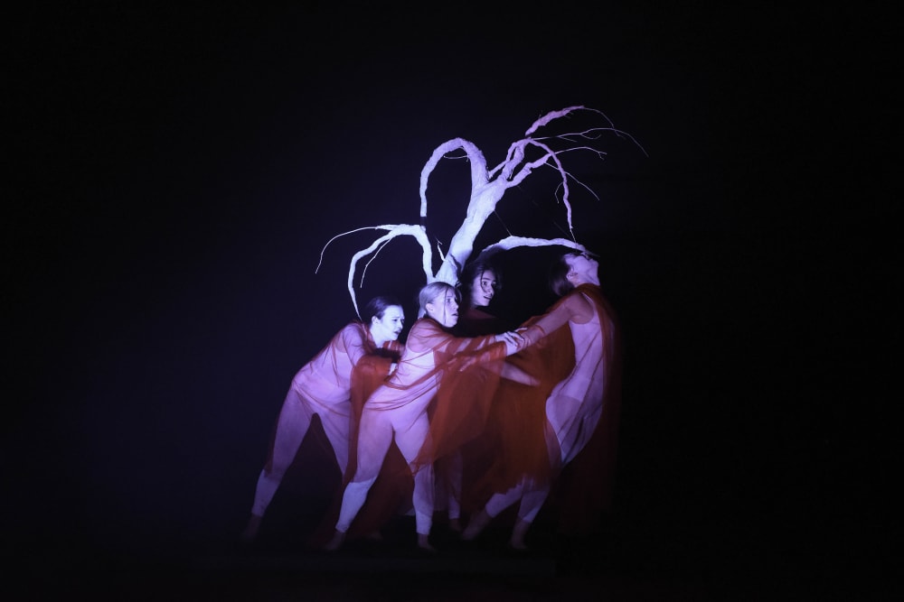 Four dancers in red fabric in front of tree