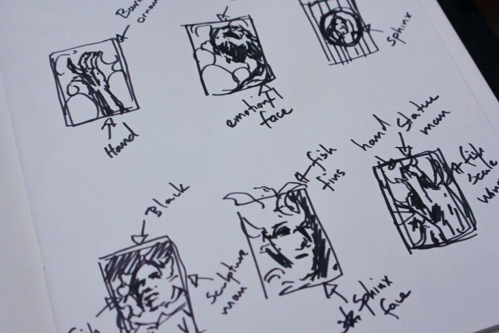 various black ink illustrations on paper