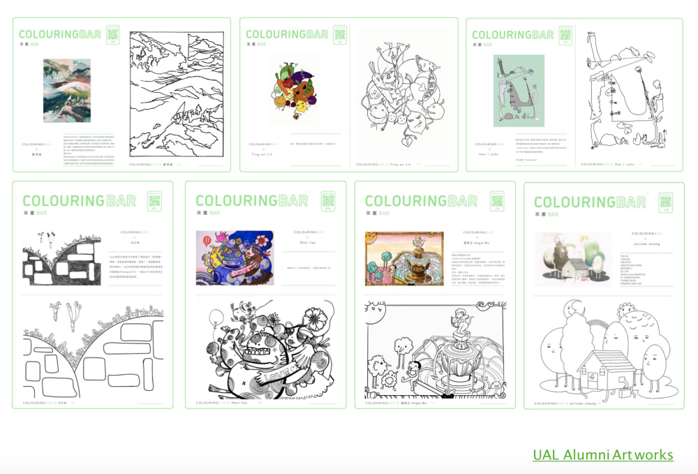 Selection of both coloured in images and black and white line drawings.