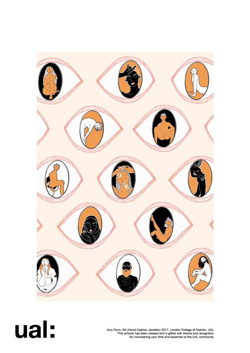 Illustration of eyes with different people in different positions inside the pupil