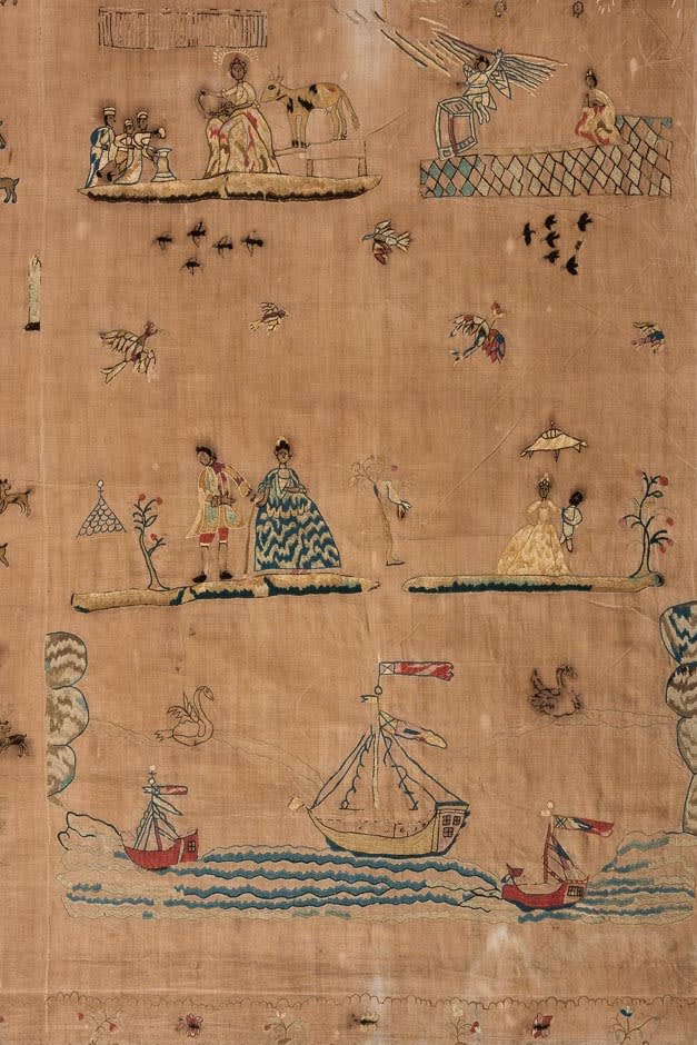An 18th century textile with people and birds and boat motifs