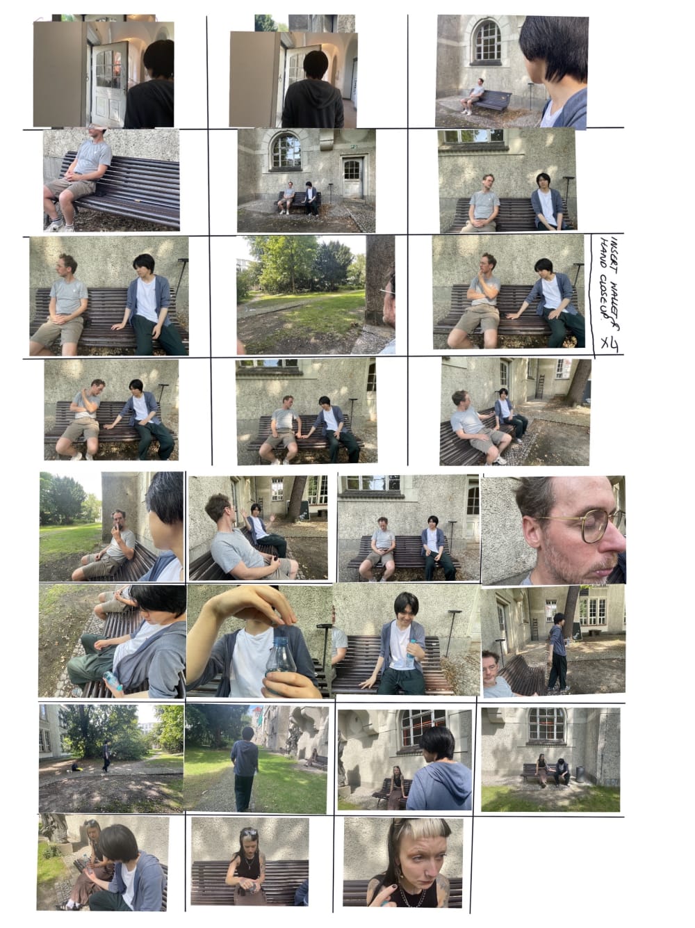 A story board of photographs for a film scene. The images are of different people sitting on a bench outside of a building. 