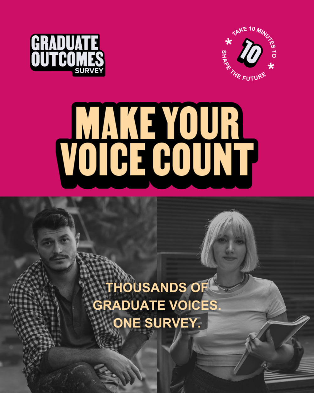 Promotional poster for the Graduate Outcomes Survey. The top half has a bright fuchsia background with bold beige and black text reading “MAKE YOUR VOICE COUNT.” The logos for “Graduate Outcomes Survey” and “Take 10 minutes to shape the future” are included. The bottom half features black-and-white photos of two graduates — one sitting casually in work clothes, the other holding a tablet and coffee cup. Text overlay says: “Thousands of graduate voices. One survey.”