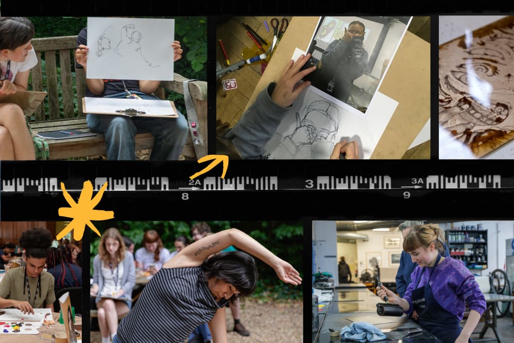 A series of images of students taking part in drawing workshops, in the print studio and painting
