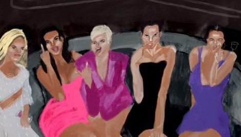 A painting of five women sitting in a club.