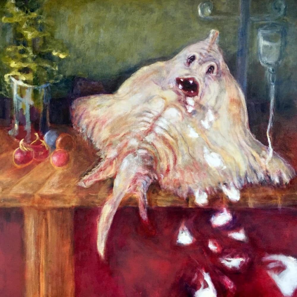 A painting of a string ray with its mouth open