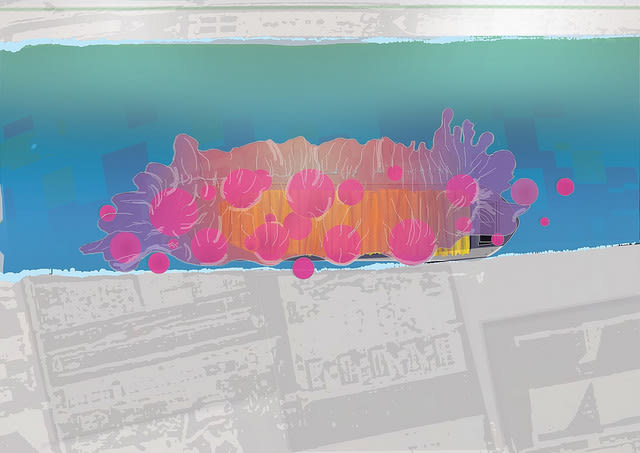 An architectural drawing in pinks, oranges, yellows, blues and greens.