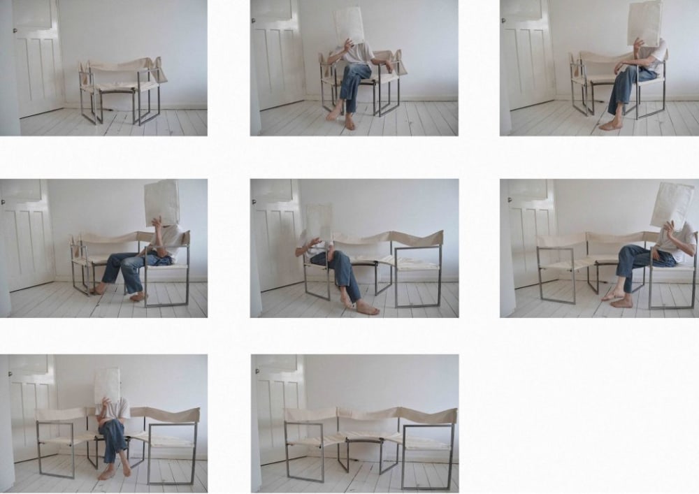 8 images of a man moving position on a multi-seated chair.