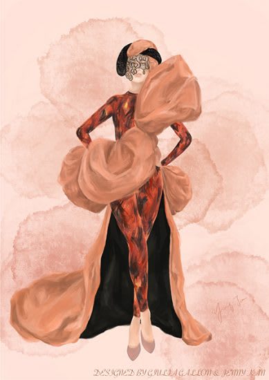 A drawing of a dress design on a model.