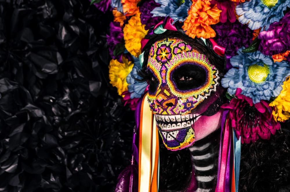 a studio shot of a person wearing a colourful mask, with flowers as hair