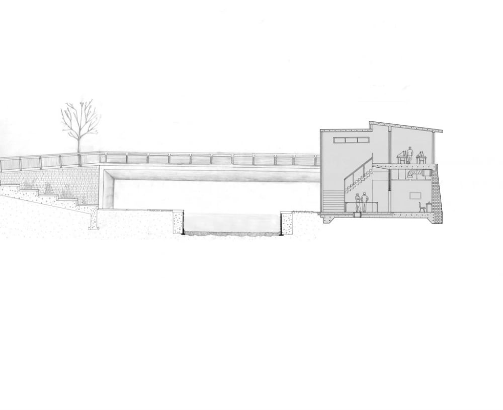 an architectural drawing of a house and bridge