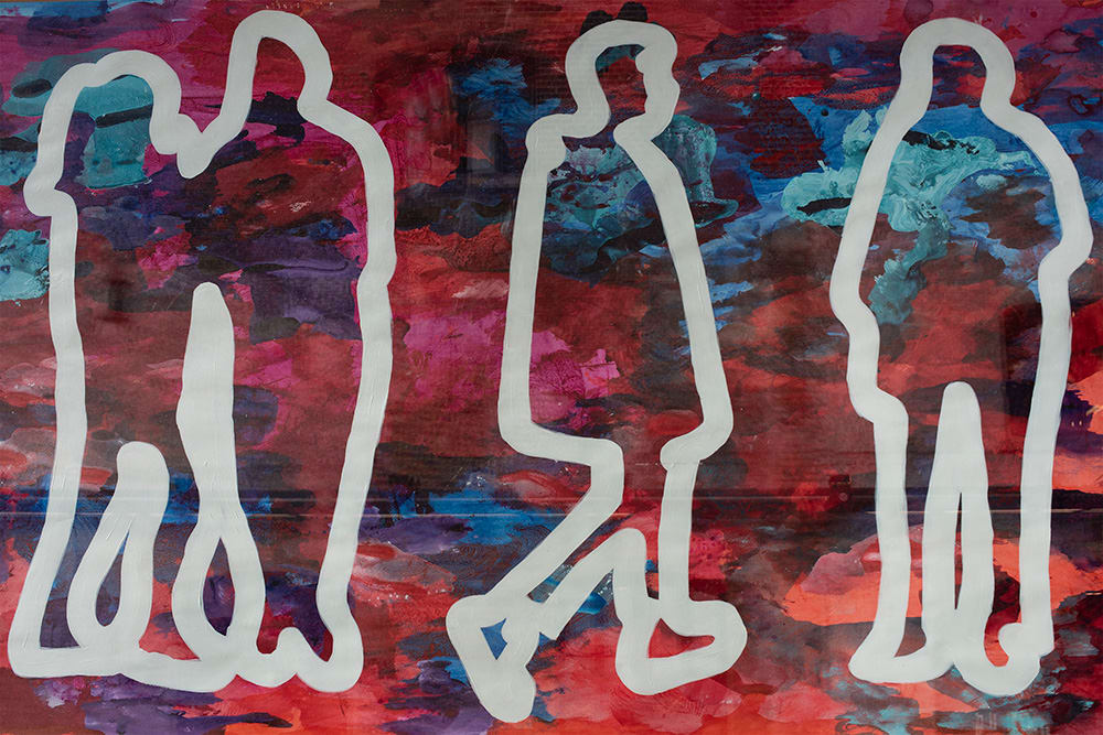 Red and white imagery of figures
