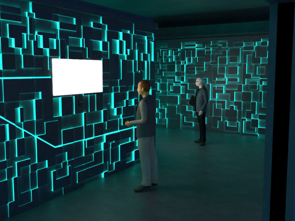 2 figures are standing with in a blue lit room one figure is watching a blank screen. 