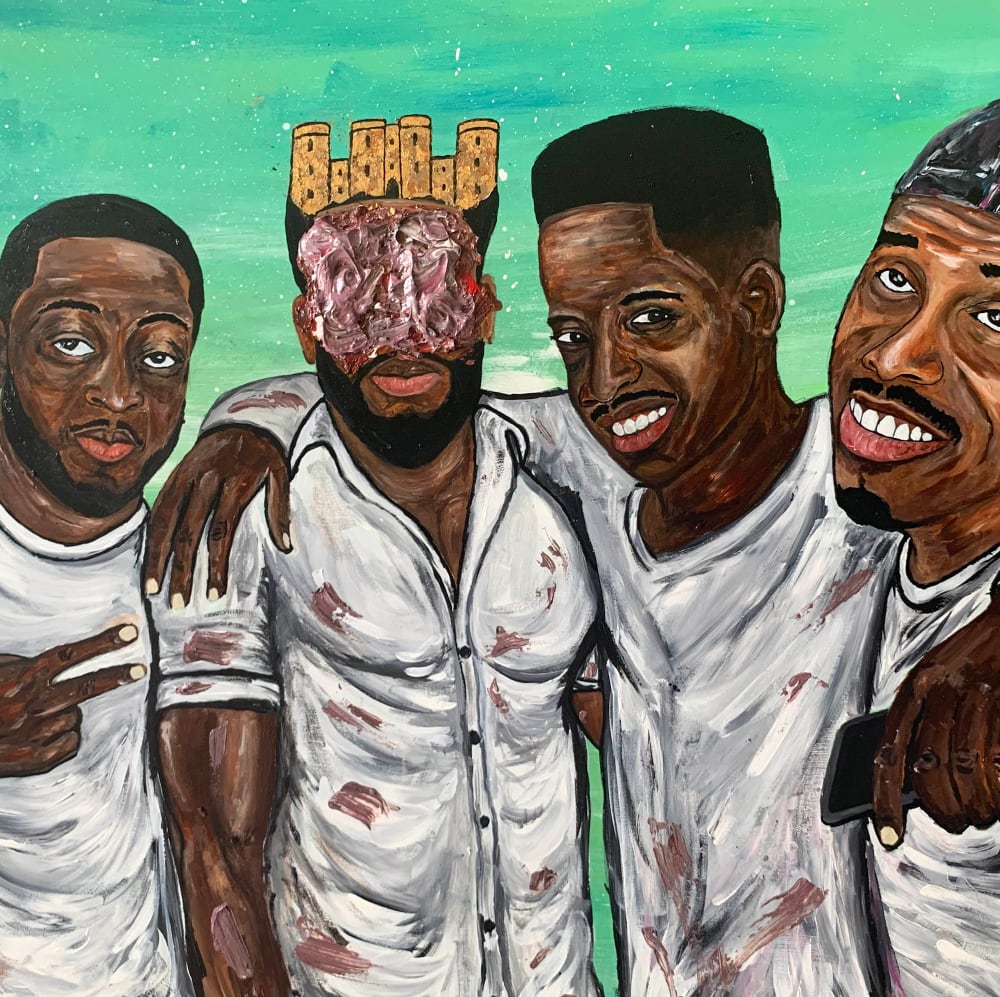 A portrait painting of 4 black skinned males, wearing white. All 4 are looking at camera. One man has a distorted face, paint has been added onto, his face now not visible