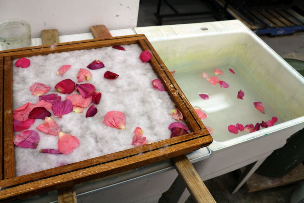 rose petals being pressed onto paper