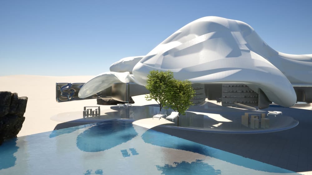 A virtual recreation of a waterside location