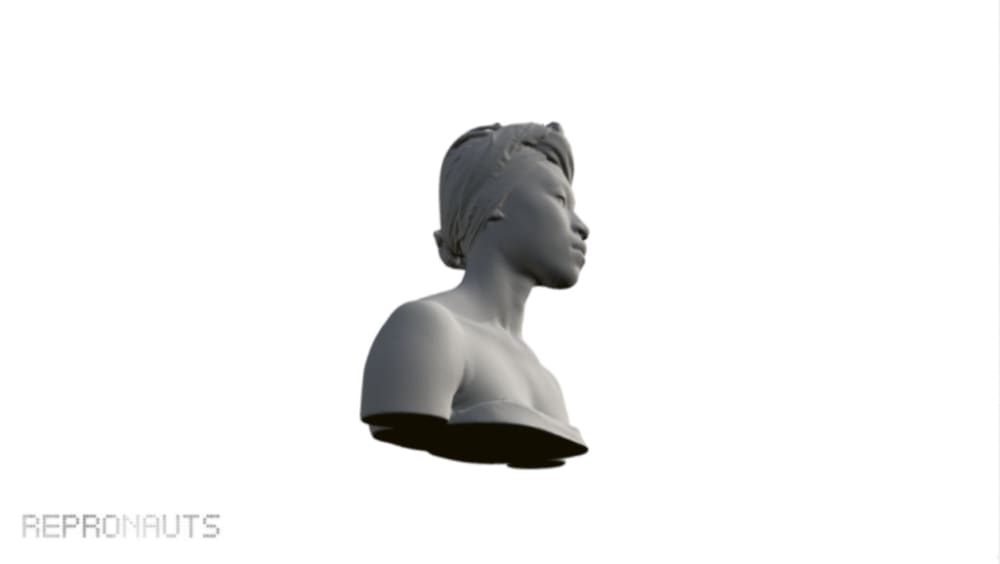 A digital rendering of a sculpture of the side profile of a female head and shoulders,