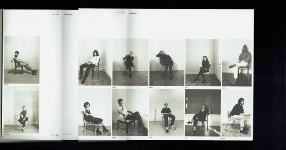 Black and white images of people sitting on chairs.