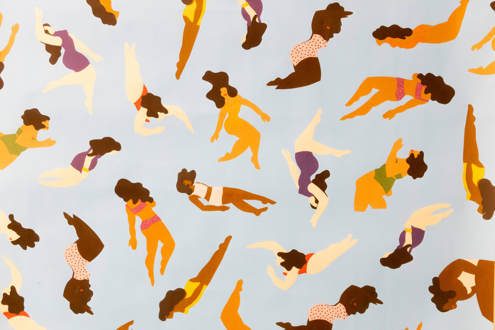 Detail of illustration work showing women with varying skin colours in swimming costumes and bikinis lying in various positions against a pale blue background.