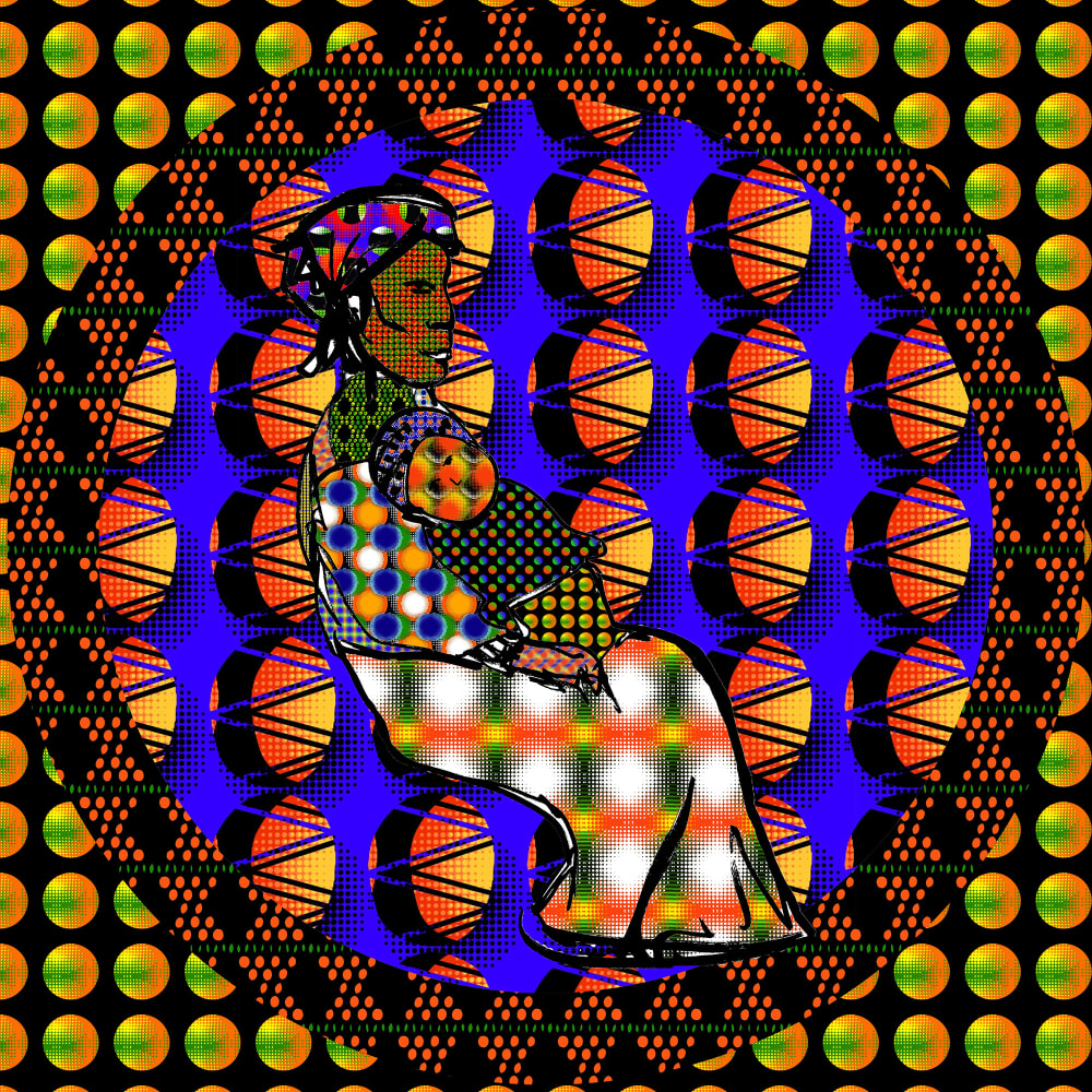 Half tone image of a black mother and child on a patterned backdrop