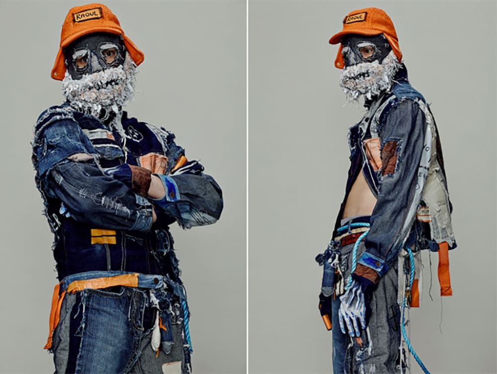two fashion lookbook images of a model wearing denim jacket and trousers, and an orange hat