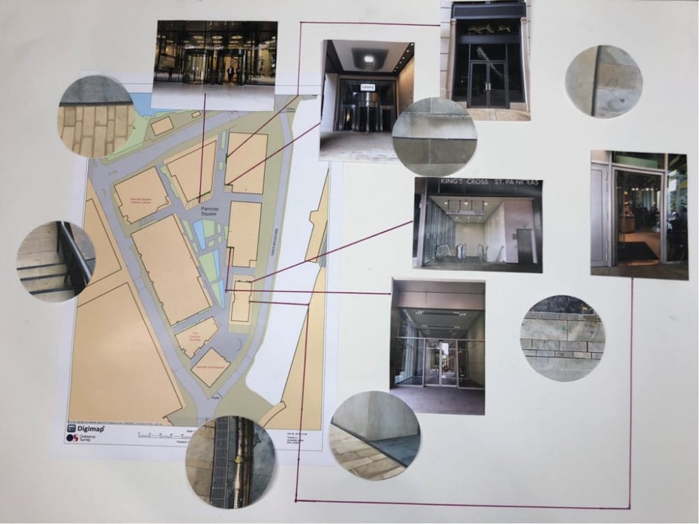 an architectural diagram, highlighting places on a street map