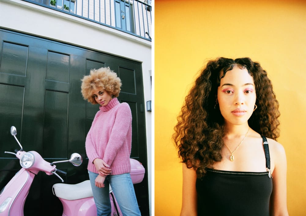two fashion lookbook images, one outside, styled with a pink outfit and motorbike, the other with a yellow studio background