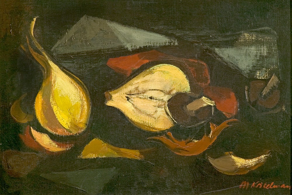 Painting of still life in browns, reds and beiges