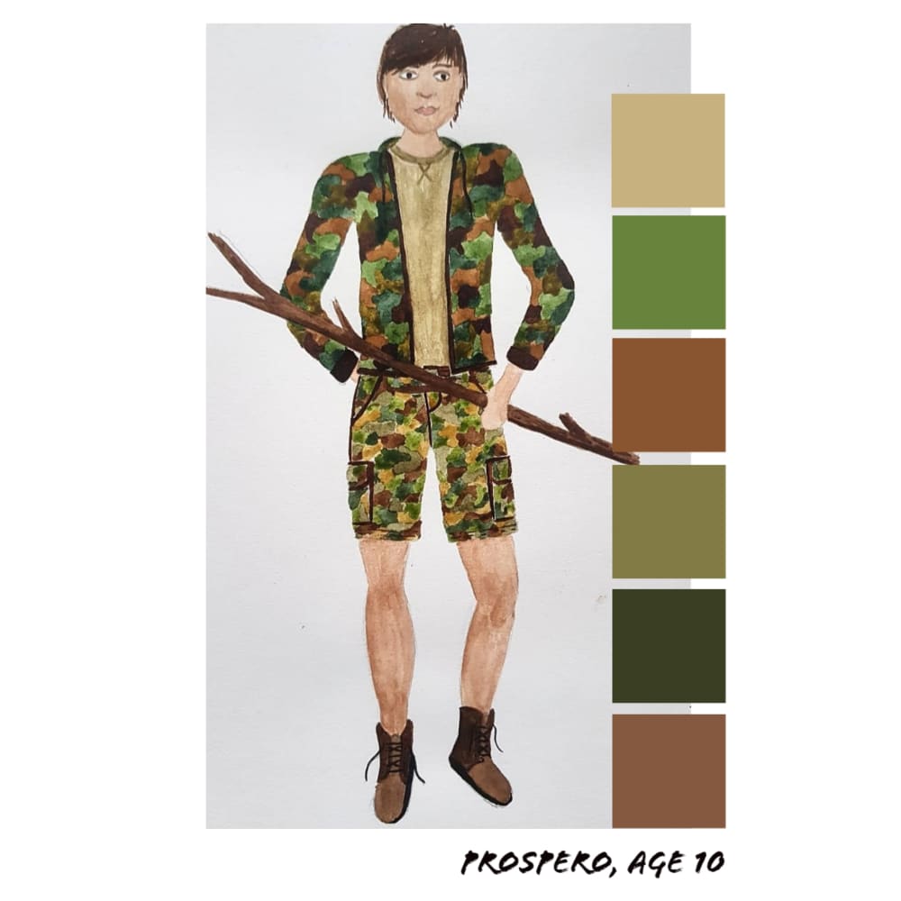 The Prospero character design drawing, showing a white male, with dark hair. The character is wearing shorts and jacket in a camouflage-coloured pattern.  
