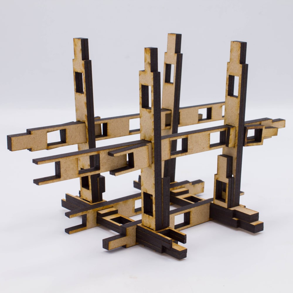 Image is of a wooden structure; the structure is made up of components which slot together. The structure sits against a plain white background.