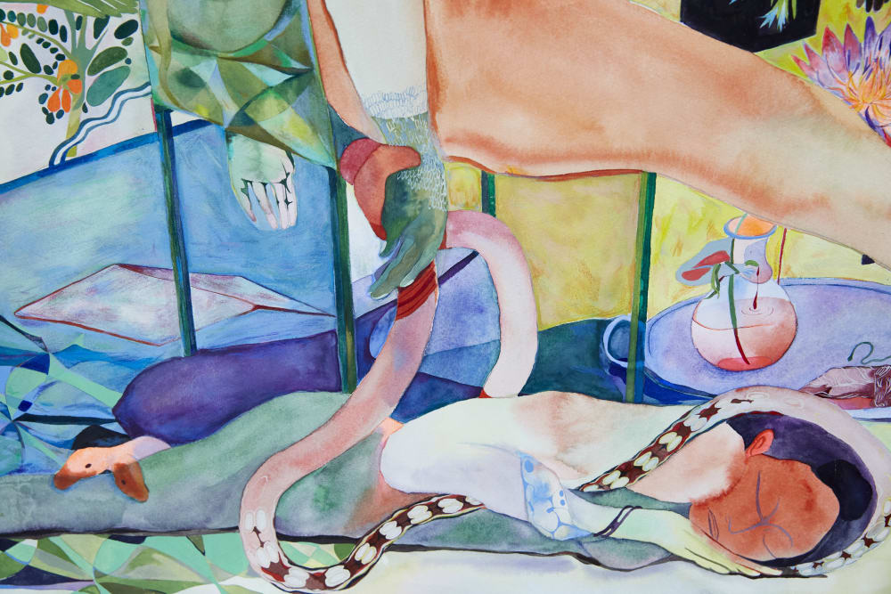 Image shows a colourful painting of a person lying down with a snake wrapped around them.