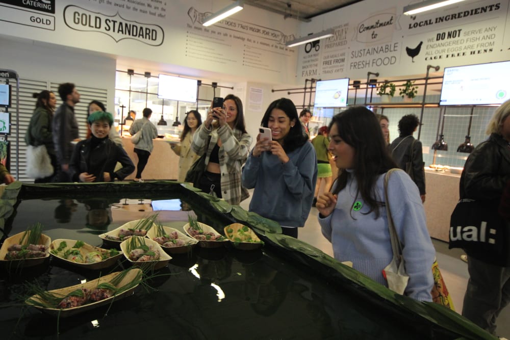 people chattig around a table