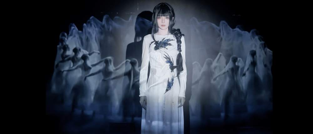 A solemn young woman in a white dress and braided hair stands before ghostly blue figures and icy shapes, creating an eerie, dreamlike mood.
